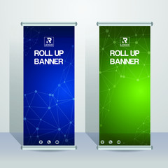 Roll up brochure flyer banner design template vector, abstract triangle line pattern background, modern x-banner.