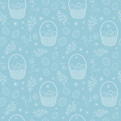 Seamless Pattern with Egg Baskets and Plant Elements for Easter