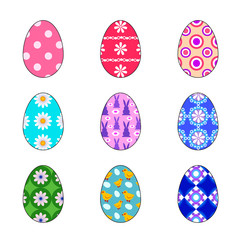 vector flat colorful easter egg with patterns, flowers, bunny chick