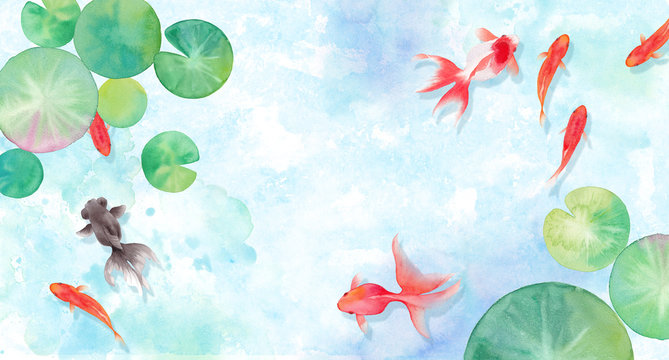 金魚と睡蓮の葉で構成した夏のイメージ背景、水彩イラスト