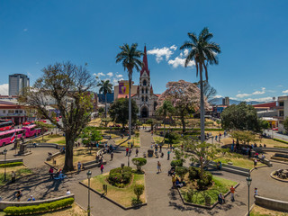 Beautiful aerial view of the main Church in San Jose Costa Rica, La Merced and the Cathedral