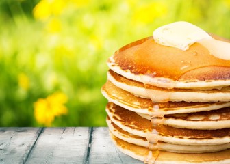 Stack of delicious pancakes, homemade breakfast concept