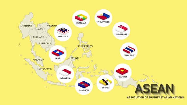 ASEAN international group of southeast asian nations with member flags animation.