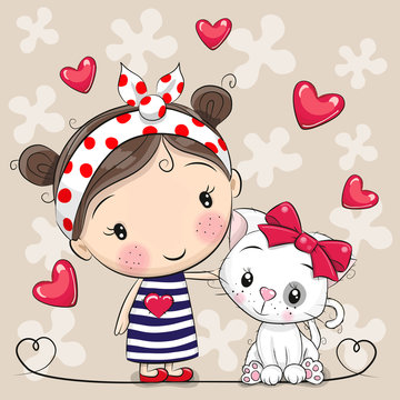 Cartoon white kitten and a Girl in a striped dress