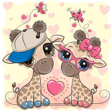 Cartoon Giraffes in a cap and glasses on a hearts background
