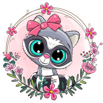 Cartoon White Raccoon with a floral wreath