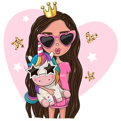 Foto op Plexiglas Meisjeskamer Cartoon Girl Princess in een roze bril met Unicorn
