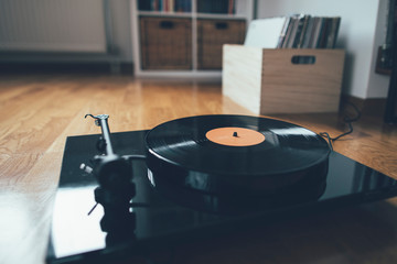 Low angle view of turntable on the room floor