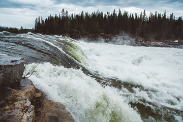 Waves and splashes of mountain river on background of forest and dramatic sky. Forest river water landscape. Wild river in mountain forrest panorama