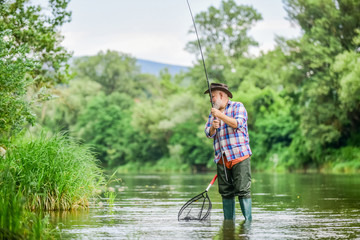 Fish or cut bait. hobby and sport activity. pothunter. retired bearded fisher. Trout bait. fisherman with fishing rod. mature man fly fishing. man catching fish. summer weekend. Big game fishing