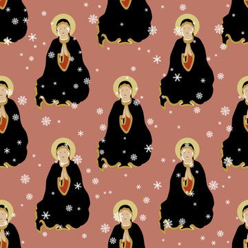 Seamless pattern with images of Virgin Mary and snowflakes. Christmas decor. Christian religious symbol. Female saint icon.