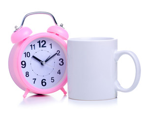 Alarm and mug cup of tea coffee on white background isolation