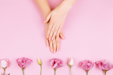Beautiful Woman Hands with fresh eustoma. Spa and Manicure concept. Female hands with pink manicure. Soft skin, skincare concept. Beauty nails. Over beige background