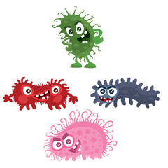 set of red, green, blue and pink bacteria or virus, cartoon style, isolated object on white background, vector illustration, eps