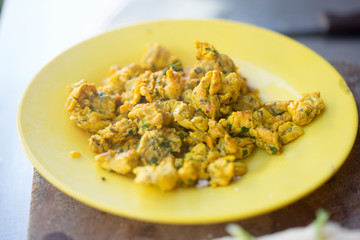 Fried chicken pieces with spices, Morocco restaurant
