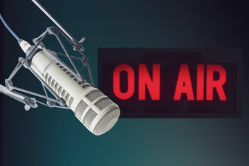 Professional microphone in radio station studio on air