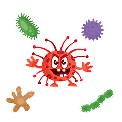red bacterium is surrounded by multi-colored viruses, cartoon style, isolated object on a white background, vector illustration, eps