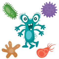 turquoise virus surrounded by colorful bacteria, cartoon style, isolated object on white background, vector illustration, eps