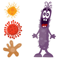 purple virus looks at multi-colored bacteria and is surprised, cartoon style, isolated object on white background, vector illustration, eps