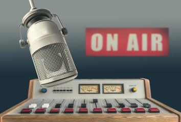 Professional microphone in radio station studio on air