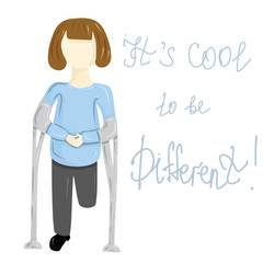 Amputee woman witsh stump on crutches isolated on white background. Hand drawn vector illustration