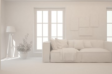 White minimalist living room with sofa. Scandinavian interior design. 3D illustration