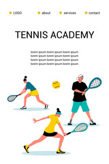 tennis Academy, summer tennis camp.the concept of Junior sports training.Site template for the Home page or app.Girlswith rackets and a ball.flat design vector illustration.