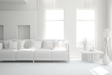 White minimalist living room with sofa. Scandinavian interior design. 3D illustration