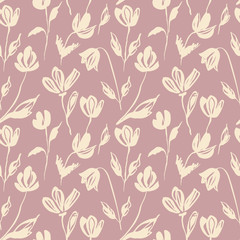 Seamless pattern of flowers painted with a dry brush. Delicate, simple flowers on a pink background. For wallpaper, wrapper, textile