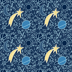 Seamless doodle pattern. Planets, stars and meteorites. Vector background. Funny linear elements on a blue background. For wrapper, textile, wallpaper, background