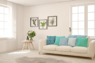 White living room with sofa. Scandinavian interior design. 3D illustration