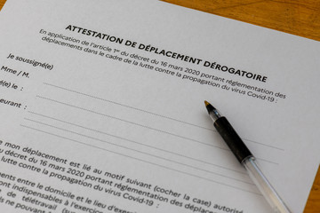 Paris, France - March 19, 2020 : special certificate authorizing the movement of persons within the framework of the fight against the spread of the Covid-19 virus