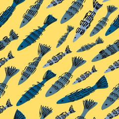 Seamless vector pattern of colourful decorative fish with lined ornament on yellow background. Perfect for printing on paper, stickers, badges, cards, textiles, menu decoration and bed sheets for kids