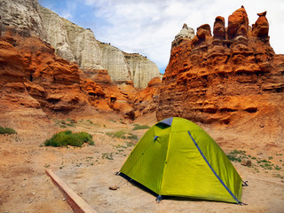 Utah Goblin Valley State Park tent in campground desert landscape USA