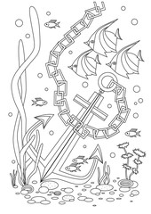 Coloring page with butterfly fish in the ocean or on the seabed for print, outline vector stock illustration with fish and ship anchor