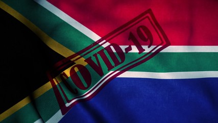 Covid-19 stamp on the national flag of South Africa. Coronavirus concept. 3d illustration