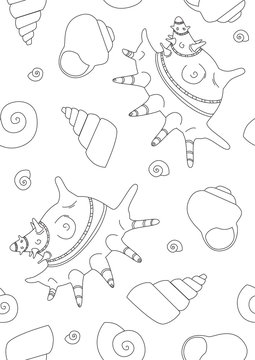 Seamless pattern or coloring page with outline shell and ocean floor on a white background for printing, linear vector stock illustration with sea animal shell