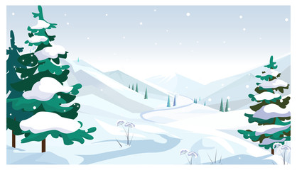 Winter fields with falling snow illustration. Pine trees with snow on twigs. Season concept