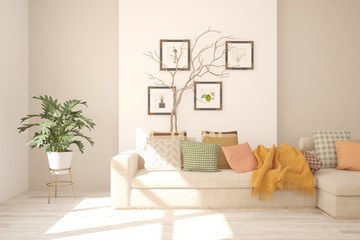 White living room with sofa. Scandinavian interior design. 3D illustration