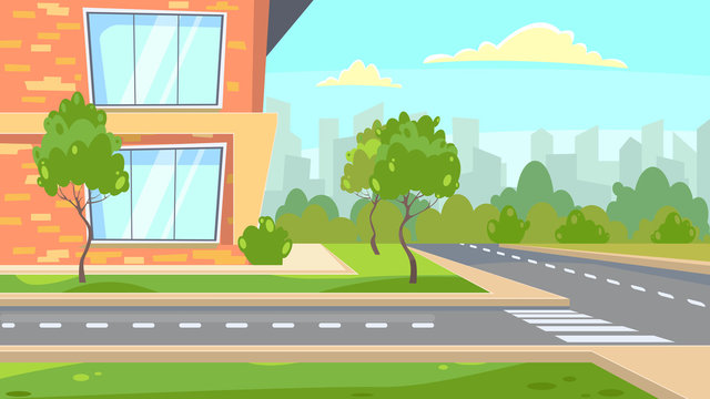 School building near road illustration. Green trees around brick building. City illustration