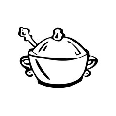 Sugar bowl. Black and white vector illustration in line art style. Isolated on a white background.
