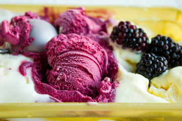 Fresh,black mulberry on rolled sweet ice cream with metal scoop.
