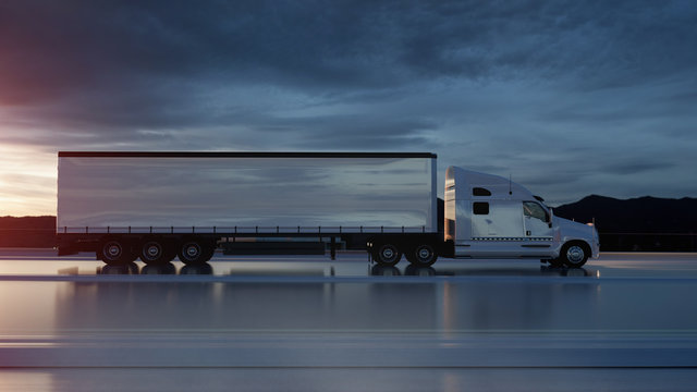 Semi trailer, Truck on the road, highway. Transports, logistics concept. 3d rendering