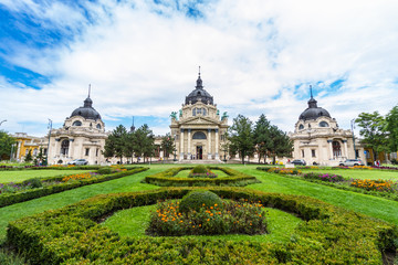 Fototapeta na wymiar Facade of Szechenyi thermal bath building and gardens, Budapest