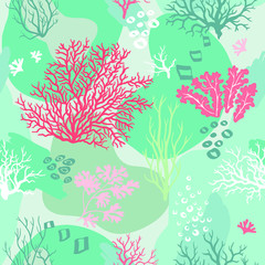 Fototapeta na wymiar Corals and seaweed abstract seamless pattern