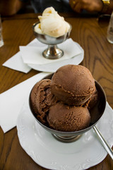 Delicious chocolate ice cream in the stainless steel bowl on the wooden table.