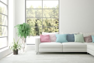 White living room with sofa and summer landscape in window. Scandinavian interior design. 3D illustration