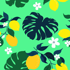 Fototapeta na wymiar Lemons and palm leaves abstract seamless pattern