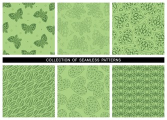 Set of summer and spring seamless patterns in green colors. Butterflies, flowers, hearts, tulips and leaves.  Vector repeating texture for wallpaper design, textile, web, fabrics, wrapping paper. 