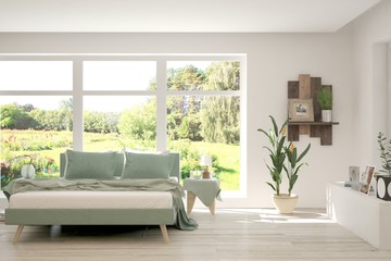 White stylish bedroom in white color with summer landscape in window. Scandinavian interior design. 3D illustration